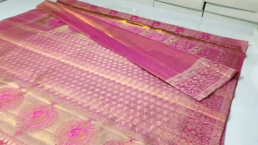 Hot Pink Kanchipuram Handloom Tissue Brocade Bridal Silk Saree