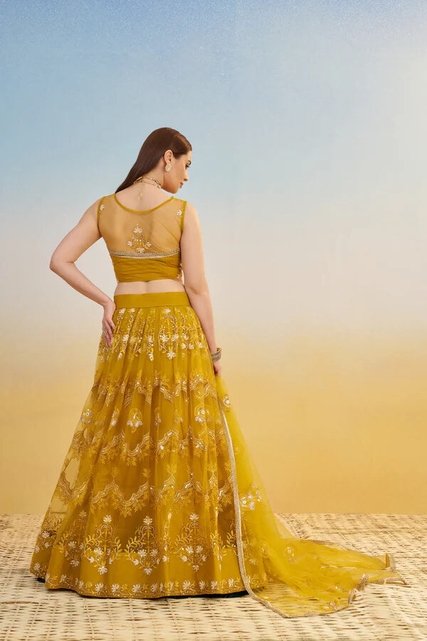 Festive Yellow Net Lehenga Choli with Thread Detailing