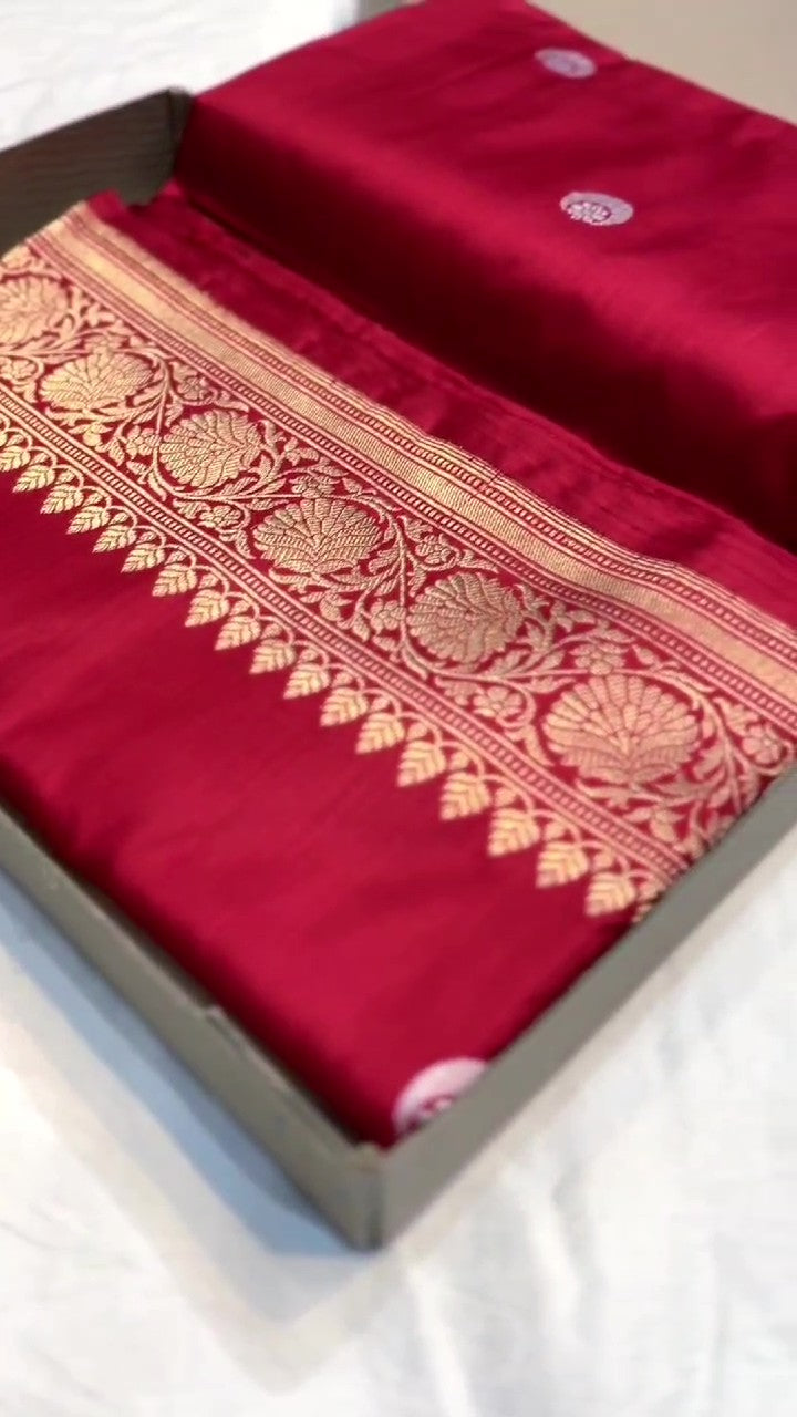 Rød Banarasi håndvævet Katan Silk Chand Tara Brude Saree