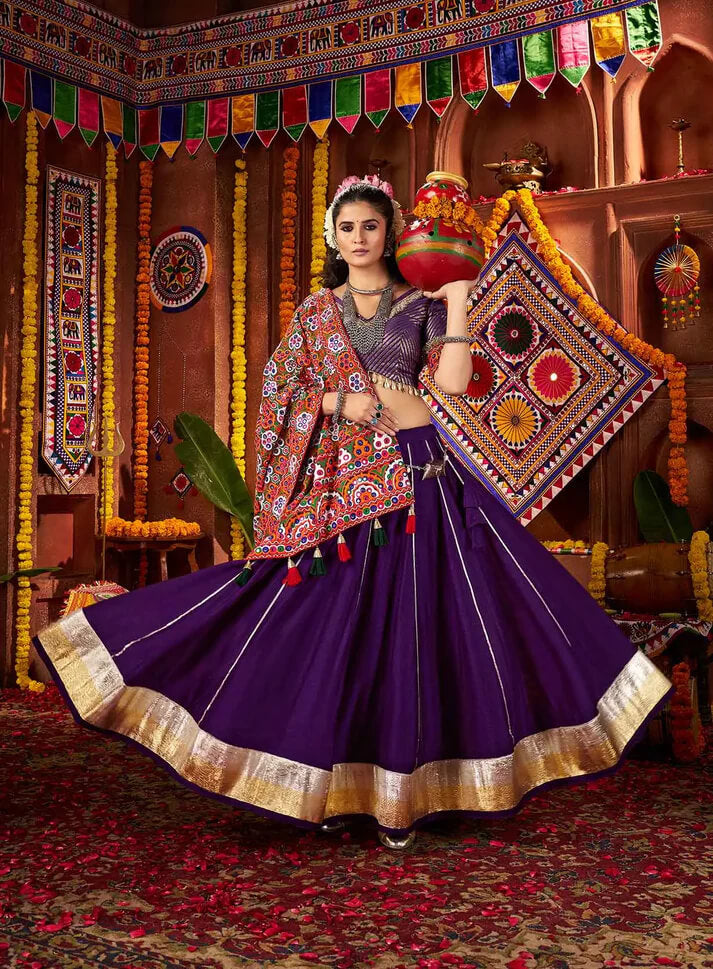 Dark Purple Embroidered Navratri Lehenga with Mirror Dupatta