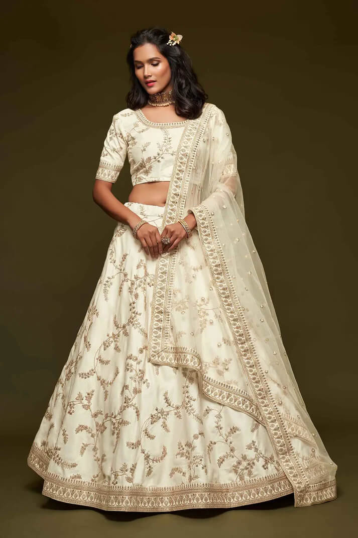 White Silk Lehenga with Thread, Zari & Sequins Work