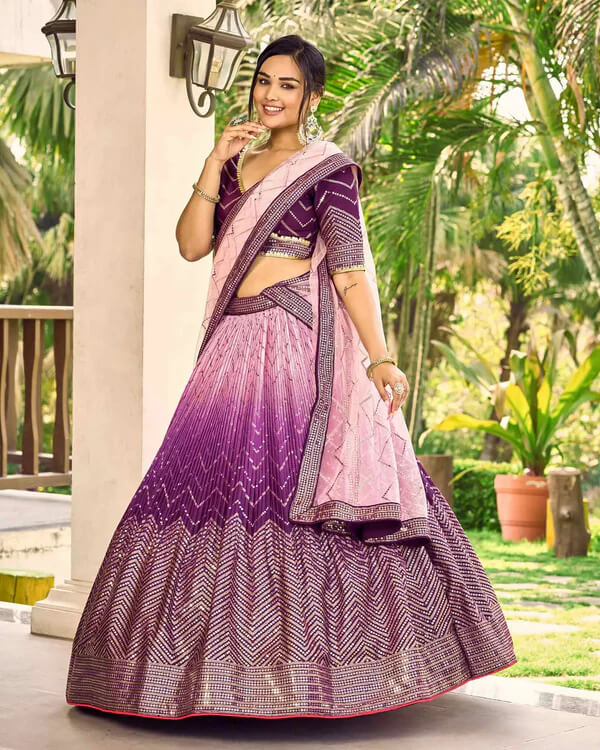 Purple & Light Peach Lehenga Choli with Thread & Sequins Work
