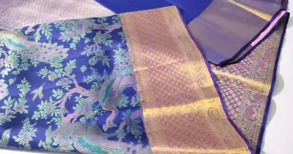 Azure Blue Kanchipuram Handloom Tissue Brocade 1G Gold Bridal Saree