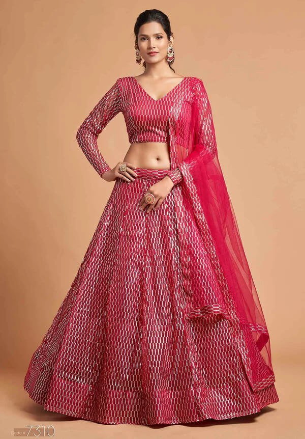Hot Pink Soft Net Lehenga with Thread & Sequins Work