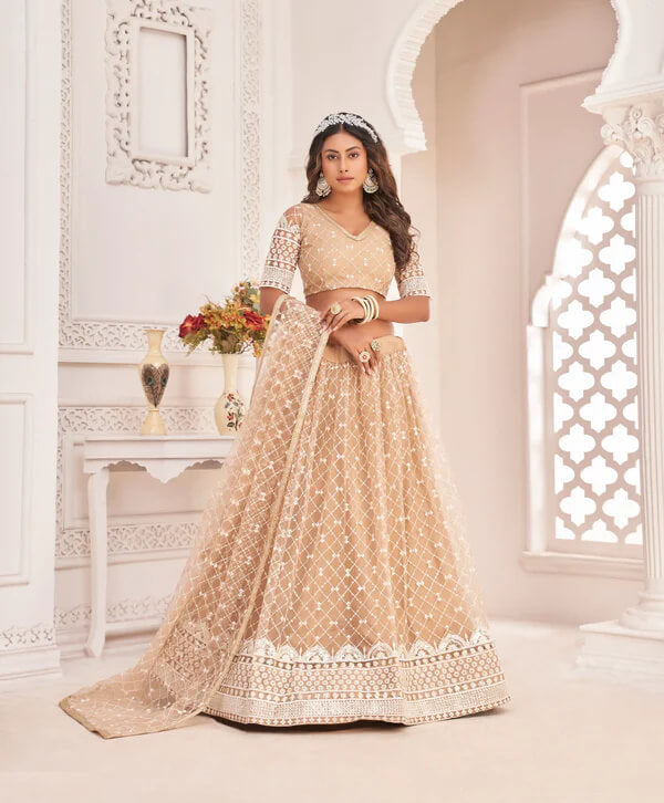 Designer Dusty Beige Net Lehenga Choli for Festive Events