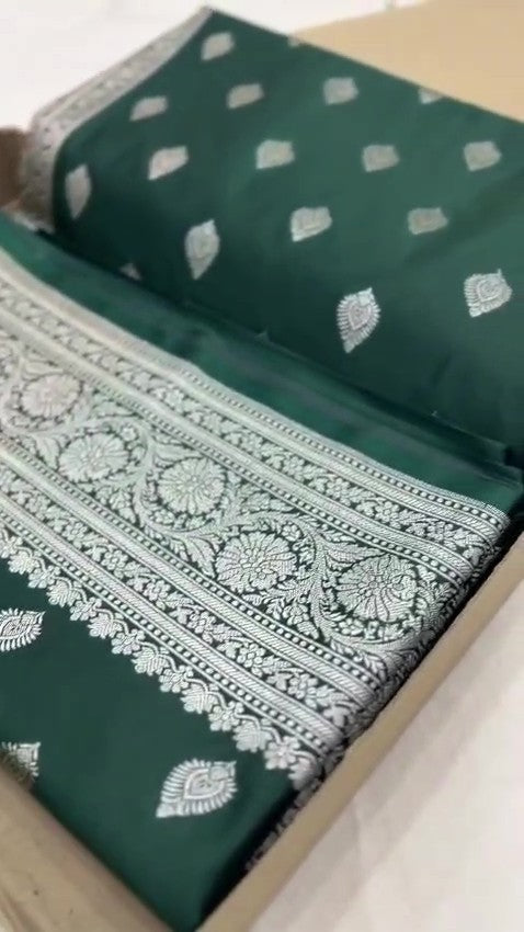 Bottle Green Banarasi Mashru Soft Silk Saree