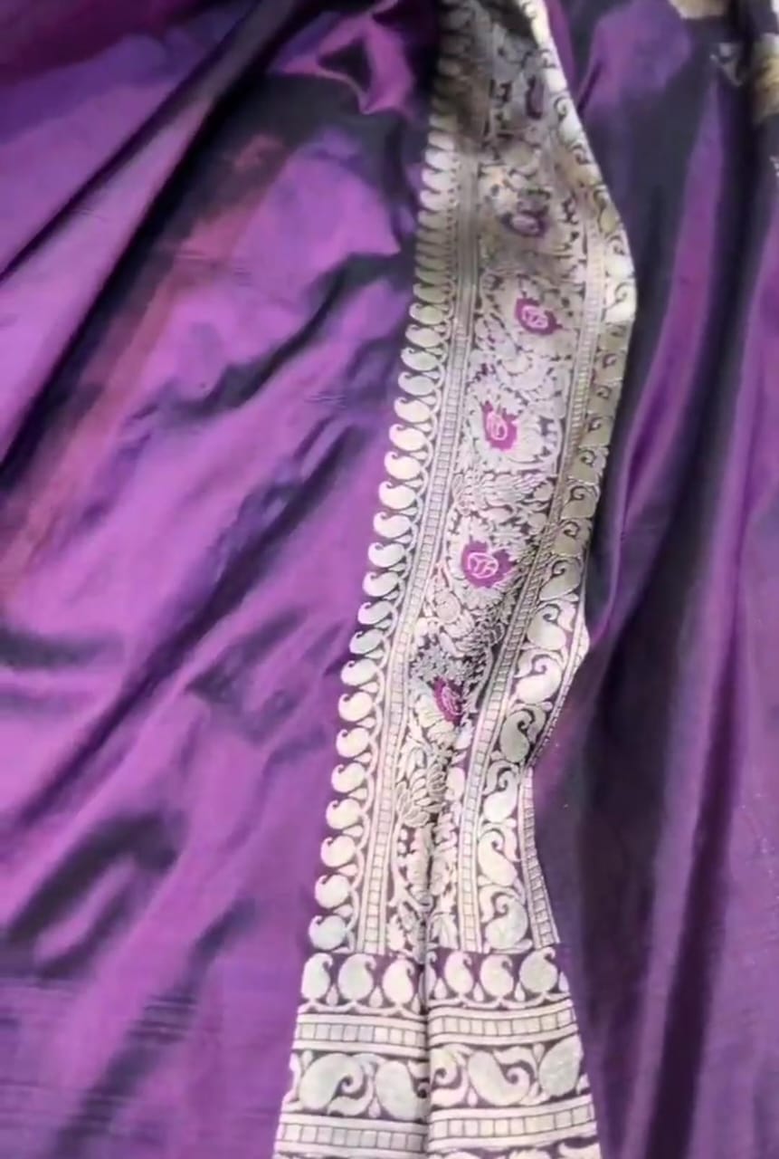 Handloom Wine Red Dual Tone Banarasi Katan Silk Saree with Meenakari Floral Weaving and Silk Mark Tag.