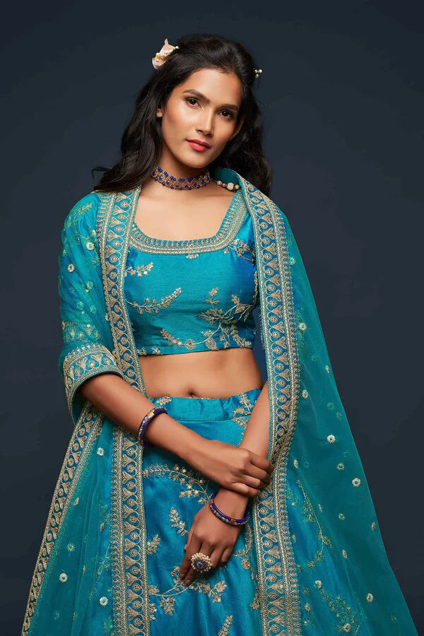 Teal Blue Silk Lehenga with Thread, Zari & Sequins Work