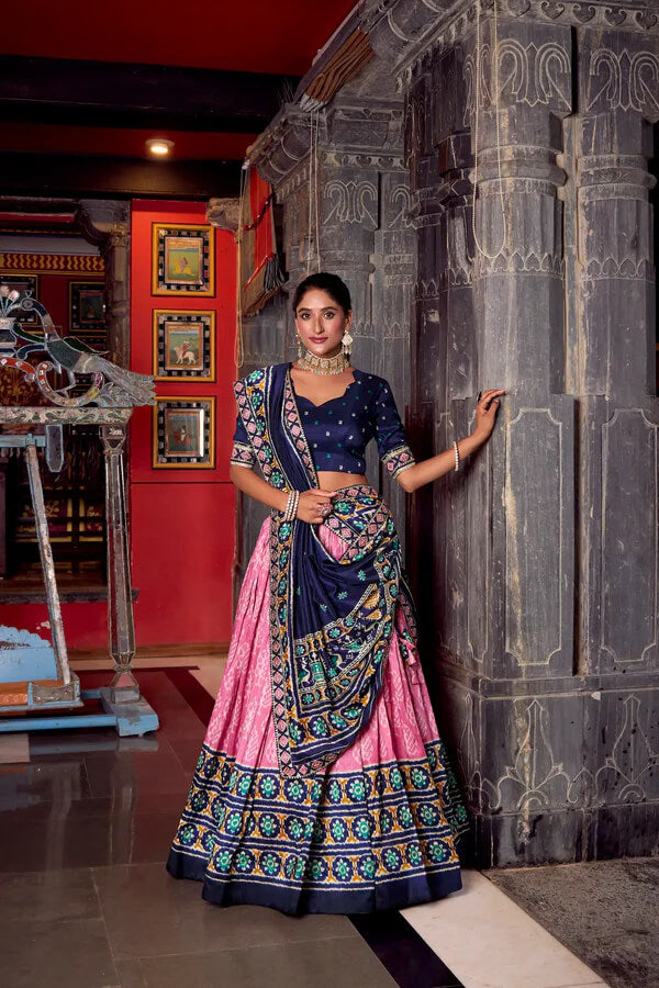 Elegant Light Pink Tussar Silk Lehenga Choli with Ikkat Print