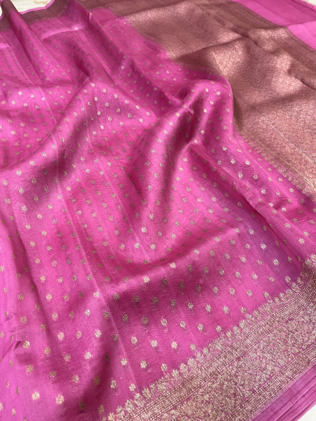 Hot Pink Banarasi Handloom Kora Organza Silk Saree