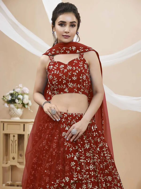 Red Georgette Lehenga with Sequins & Zari Work