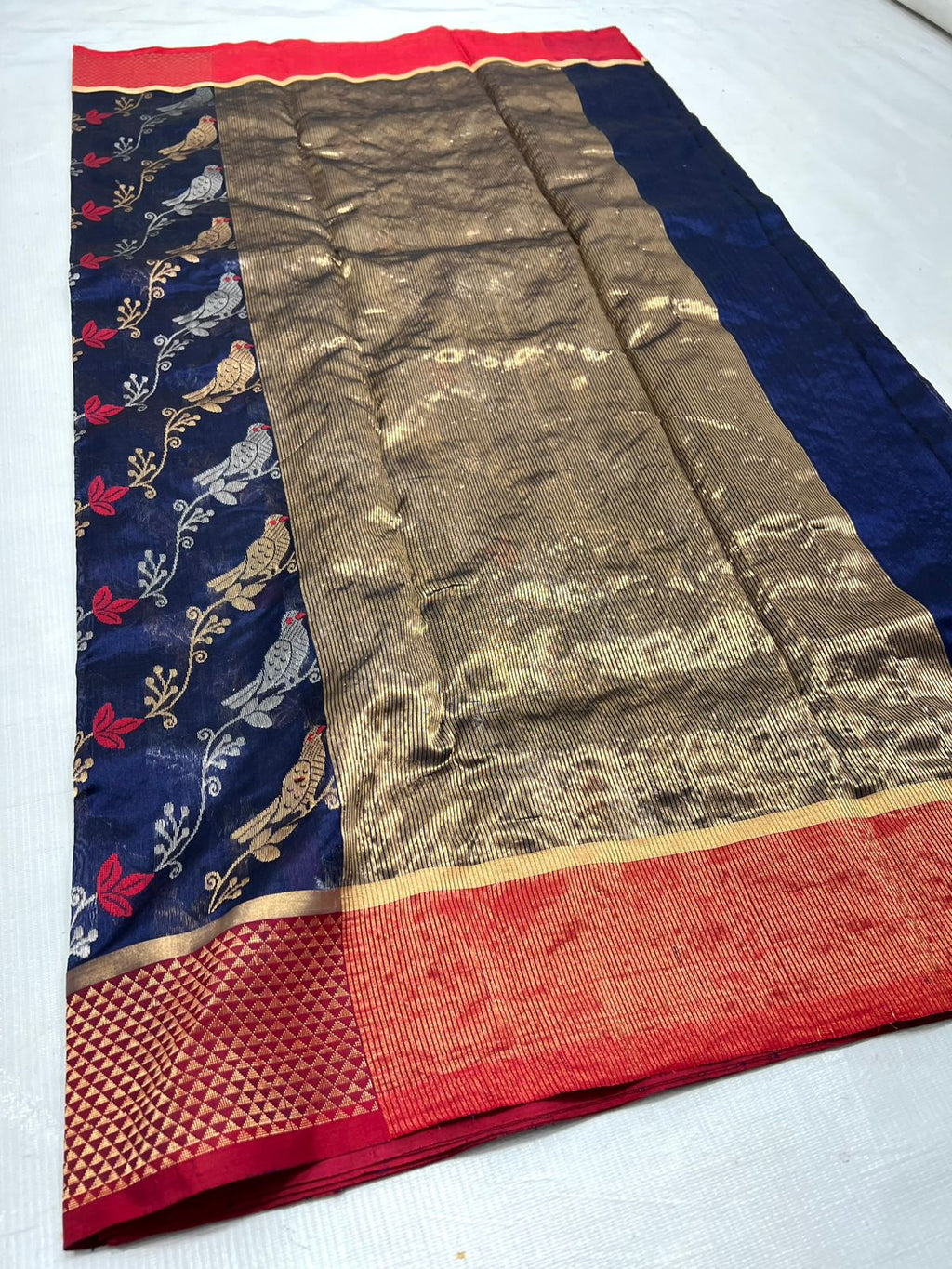 Dark Blue Chanderi Handloom Pattu Silk Meenakari Handwork Saree