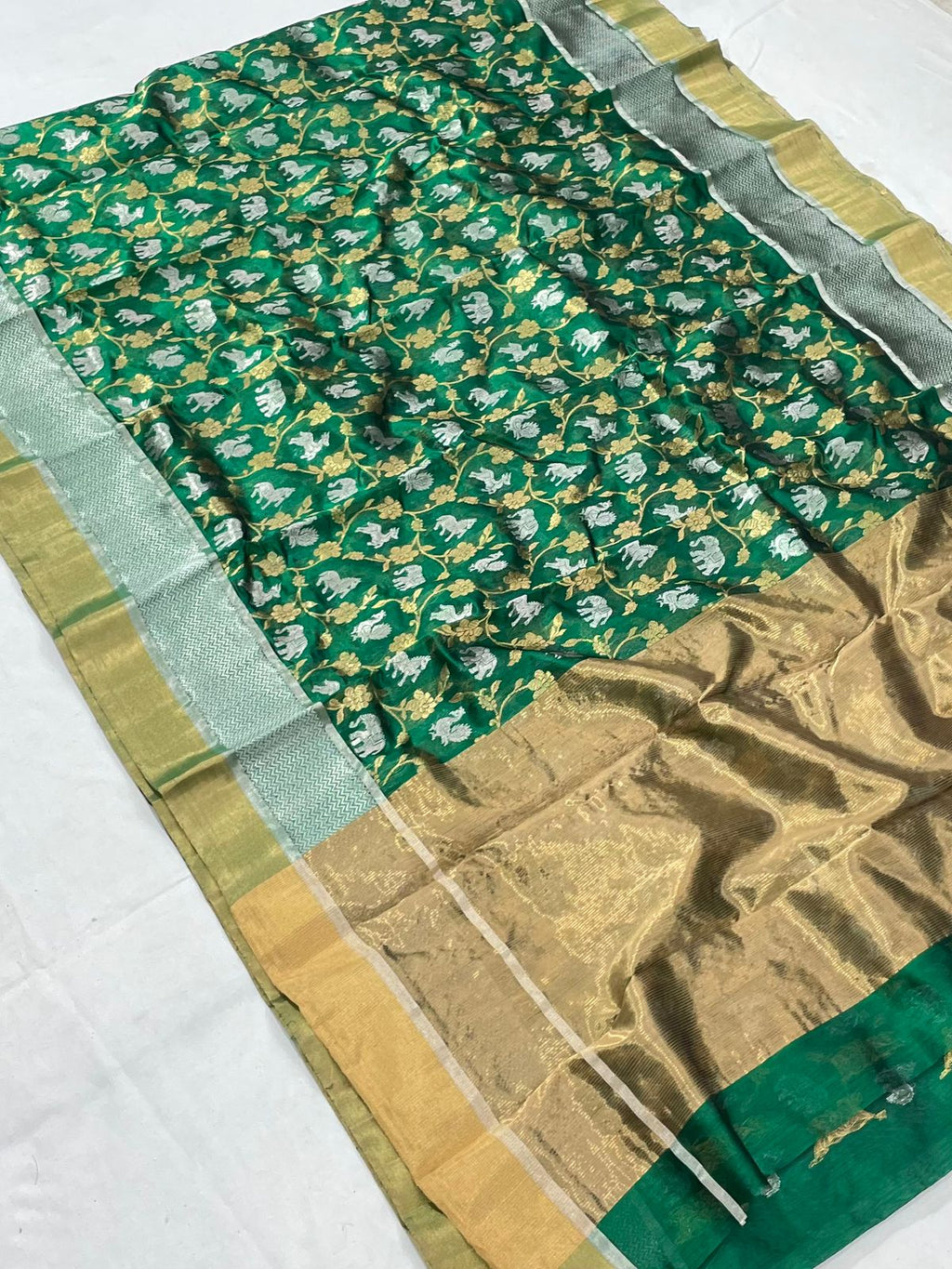 Grøn Chanderi Håndvæv Pattu Silk Shikargah Håndværk Saree
