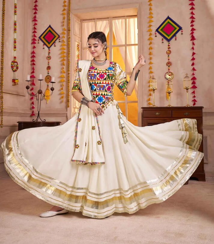 White Kutchi Mirror Kodi Work Navratri Lehenga Choli