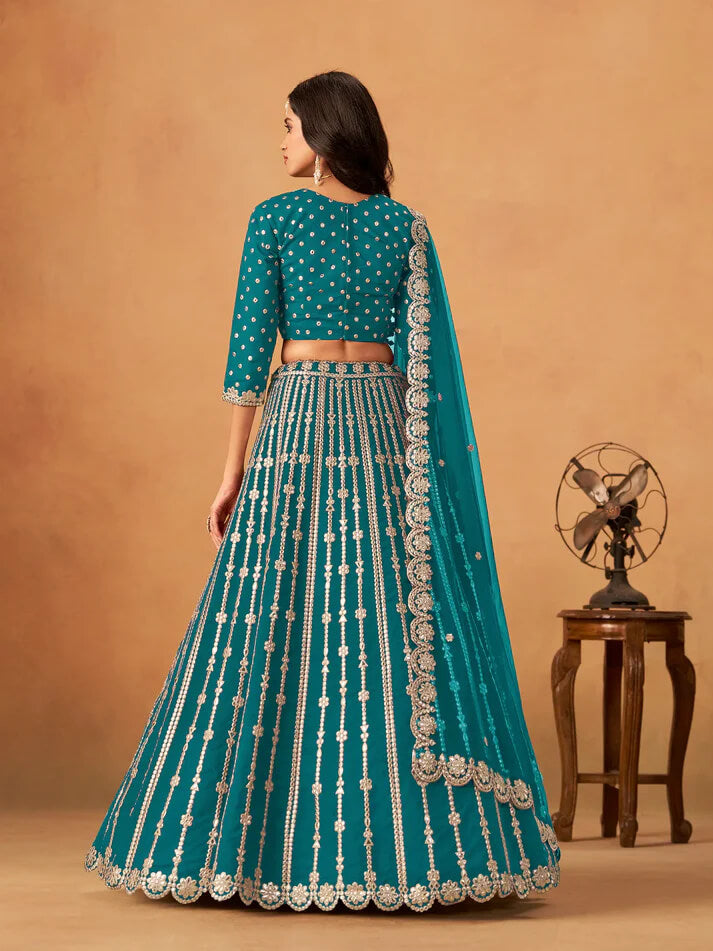 Teal Blue Art Silk Lehenga with Mirror & Embroidery