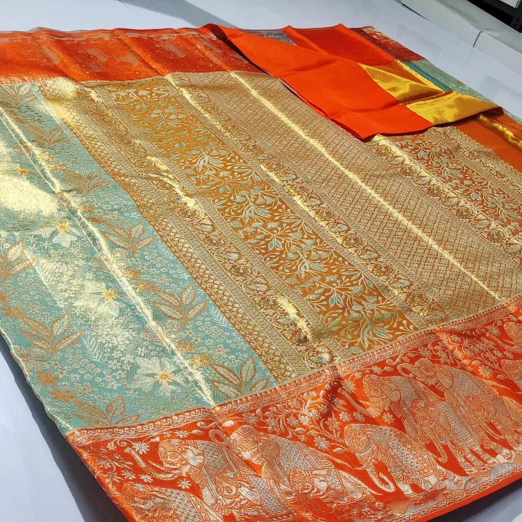 Pista Green Kanchipuram Handloom Tissue Brocade Meenakari Silk Saree