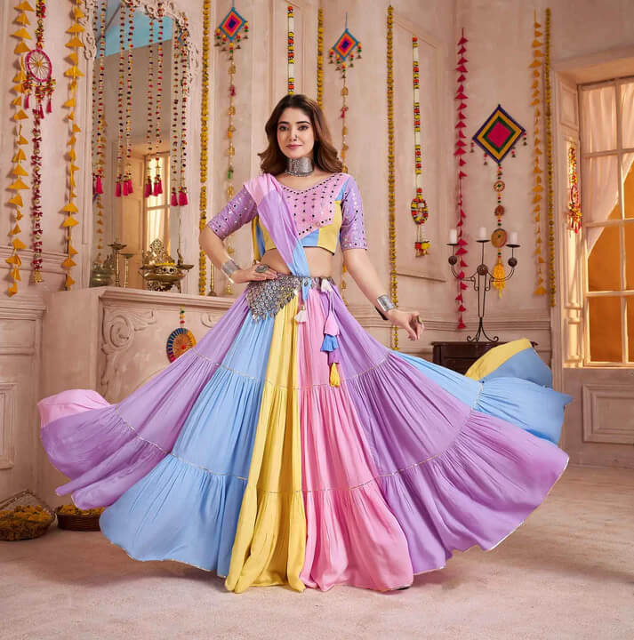 Navratri Light Multi Color Lehenga with Patch & Mirror