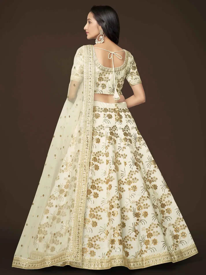White Silk Lehenga with Zari, Sequins & Dori Work