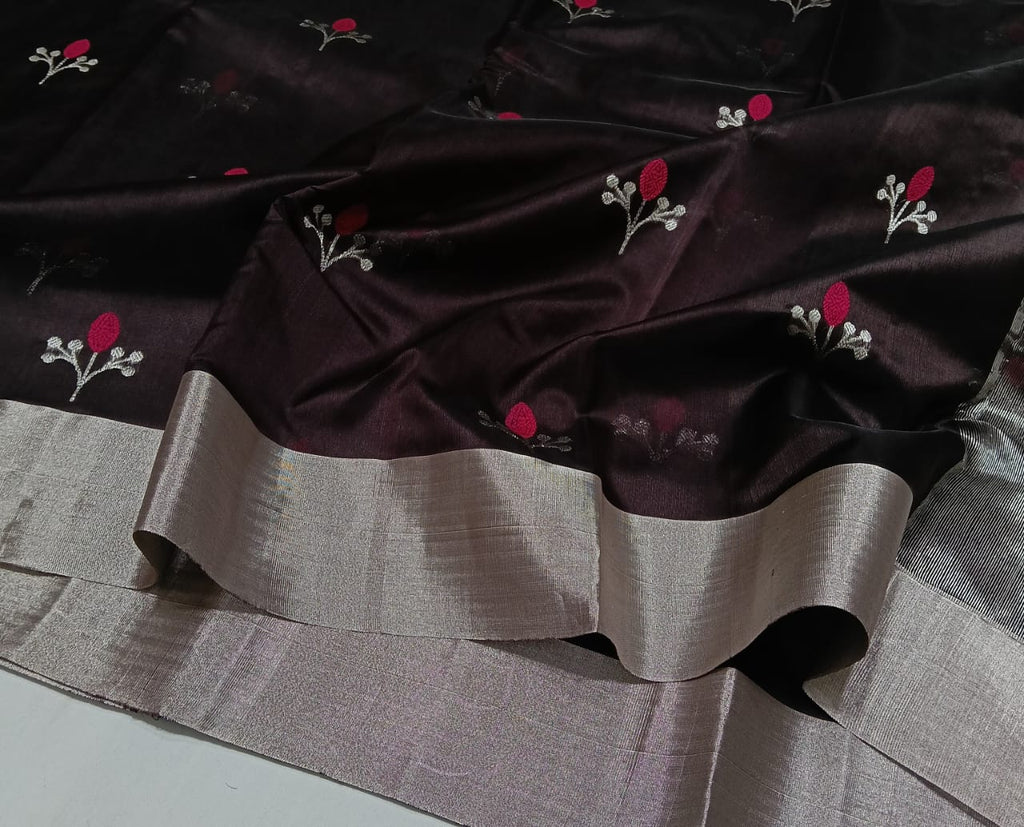 Dark Brown Chanderi Handloom Pattu Silk Eknal Buttas Meenakari Saree