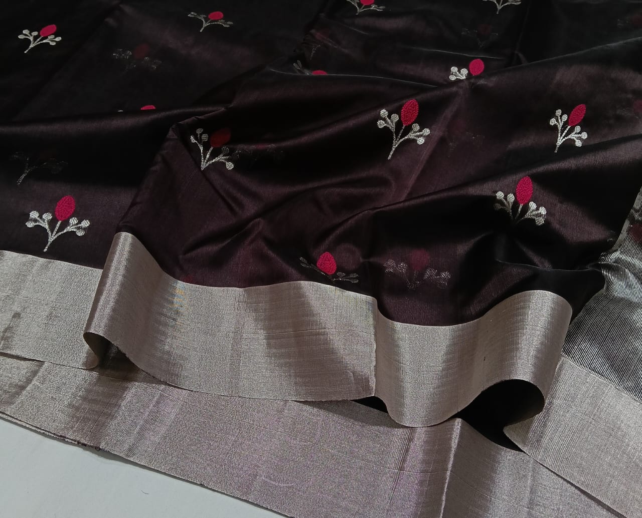 Dark Brown Chanderi Handloom Pattu Silk Eknal Buttas Meenakari Saree