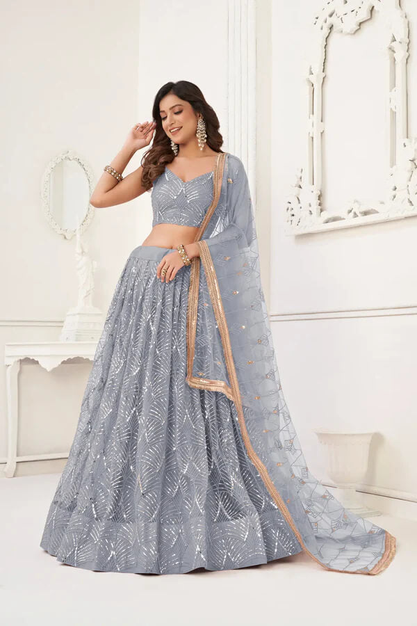 Graceful Light Grey Net Lehenga with Sequins