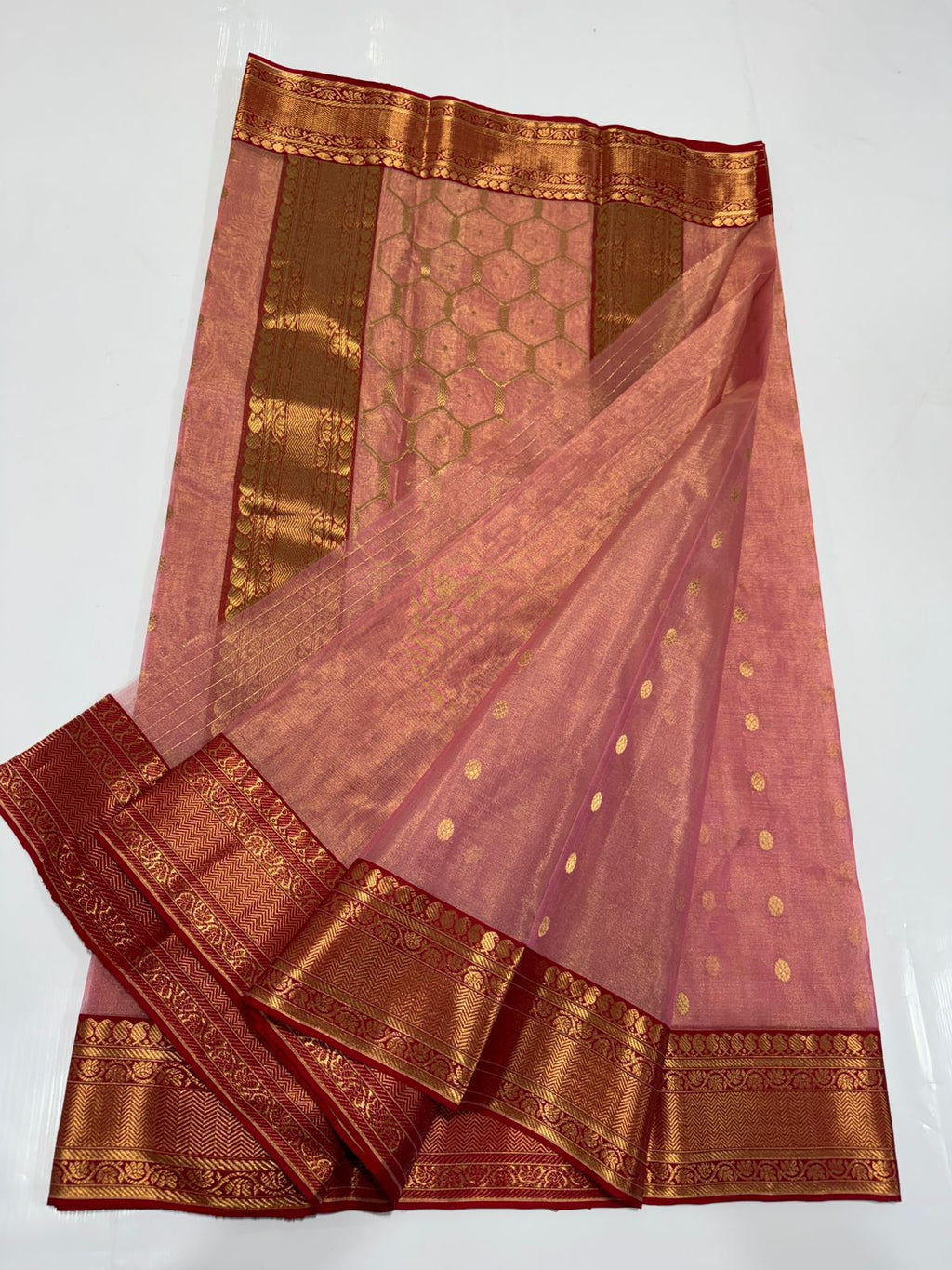 Peach Chanderi Handloom Katan Tissue Silk Saree