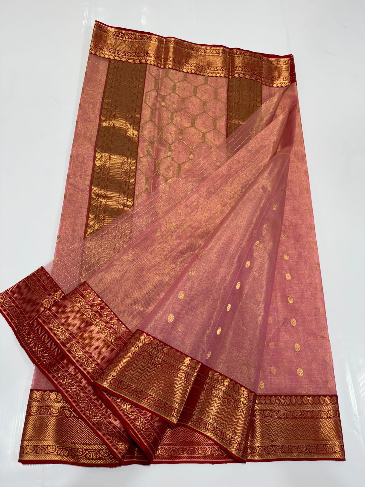Peach Chanderi Handloom Katan Tissue Silk Saree