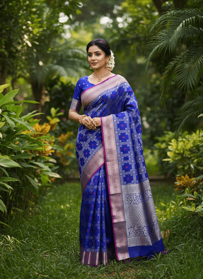 Royal Blue Chanderi Håndvævet Pattu Silk Meenakari Saree