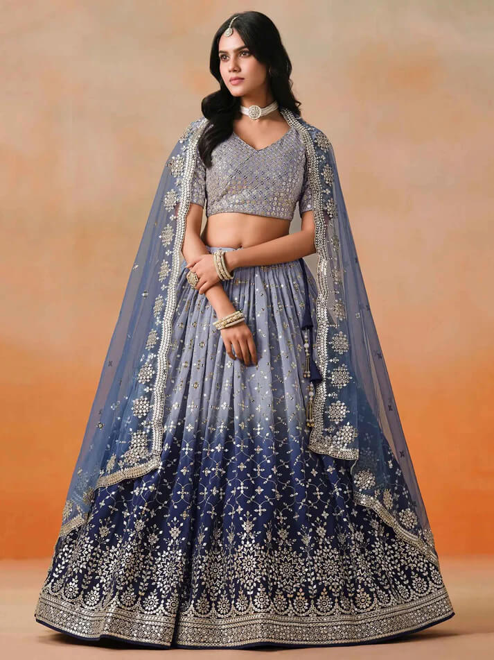 Navy Blue Gradient Georgette Lehenga with Zari & Sequins