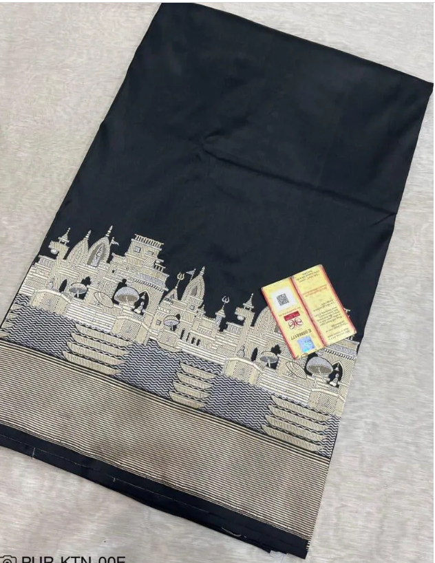 Black Banarasi Handloom Katan Silk Kashi Ghat Meenakari Saree