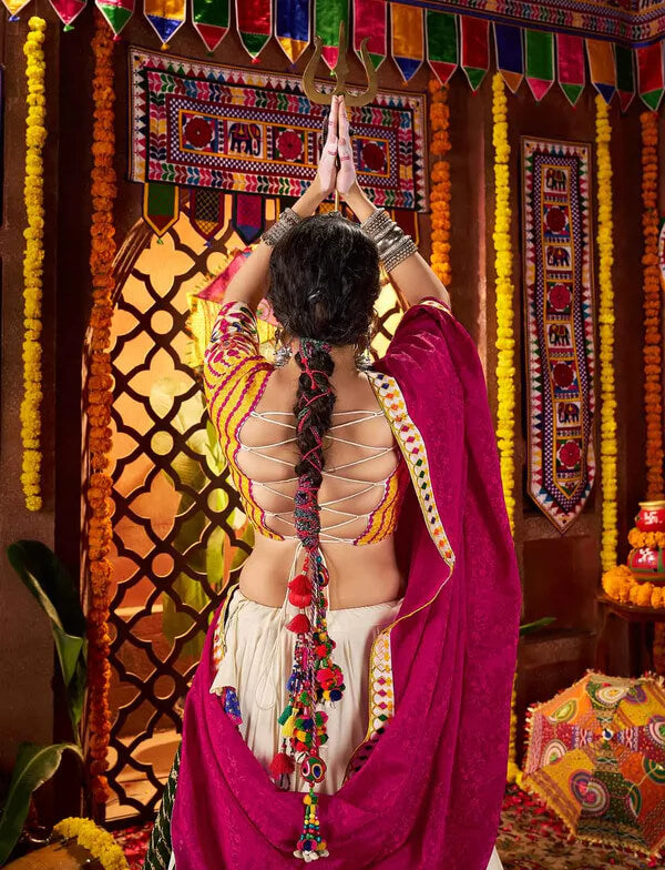 Multi Color Printed Mirror & Embroidered Navratri Lehenga