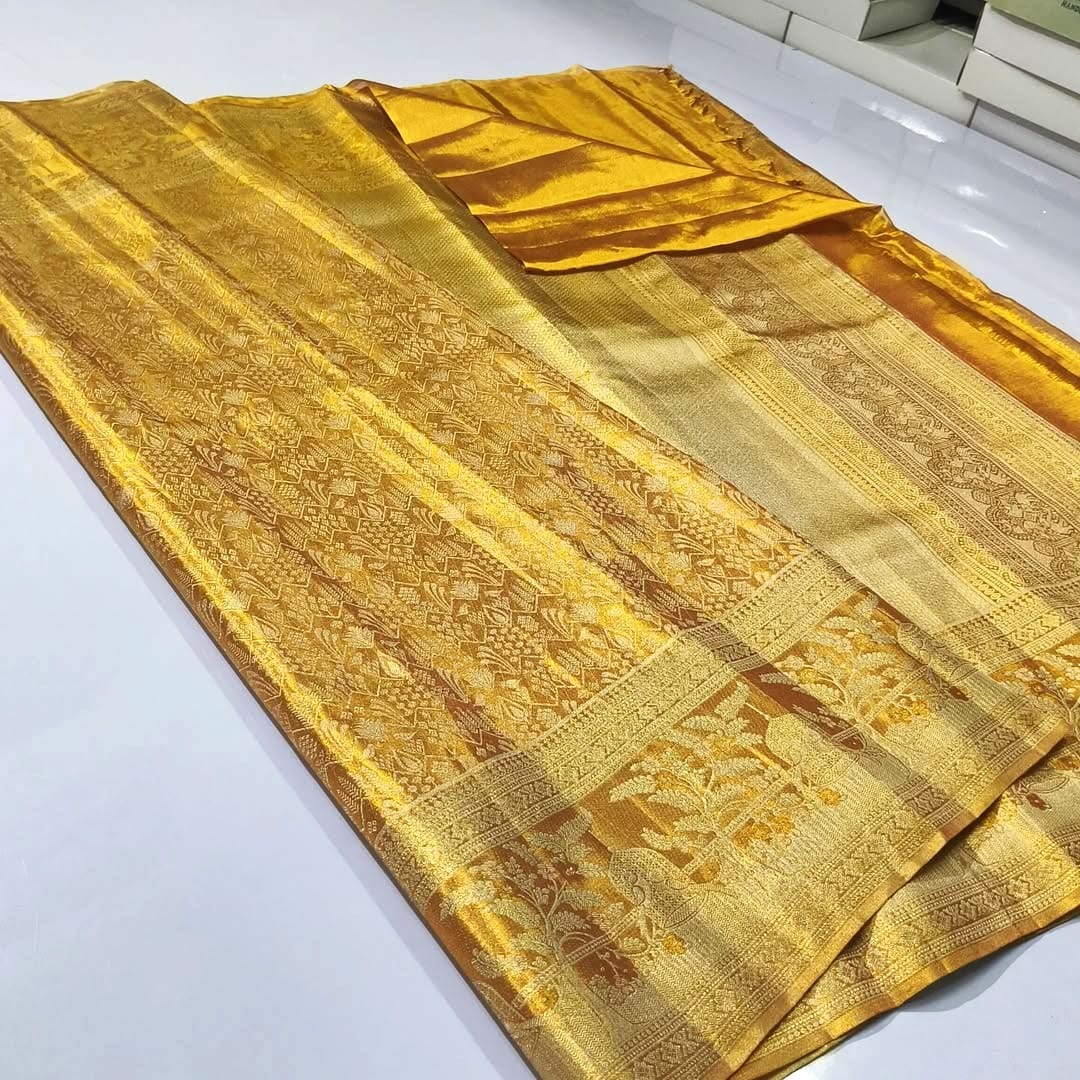 Gold Kanchipuram Handloom Tissue Brocade Bridal Silk Saree