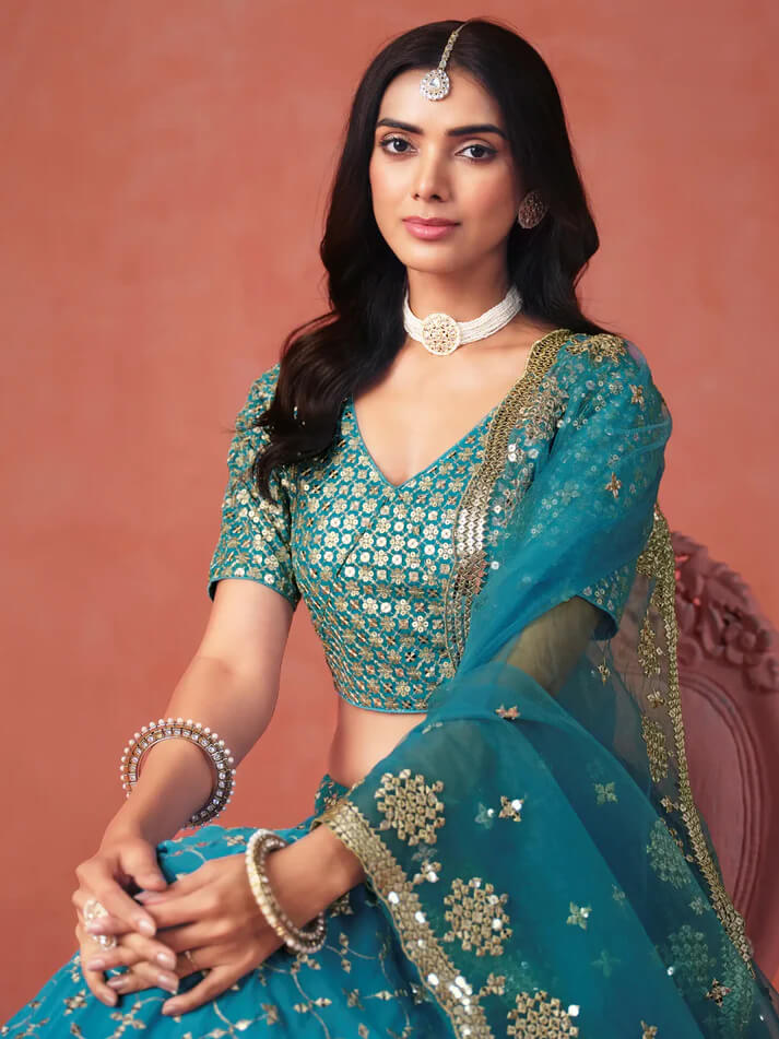 Rama Blue Georgette Lehenga with Zari & Sequins Work