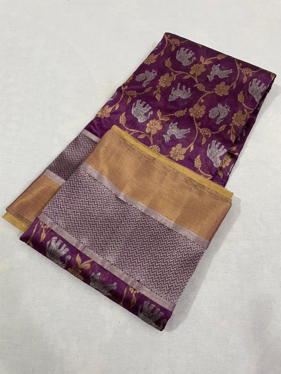 Lilac Chanderi Handloom Pattu Silk Shikargah Handwork Saree