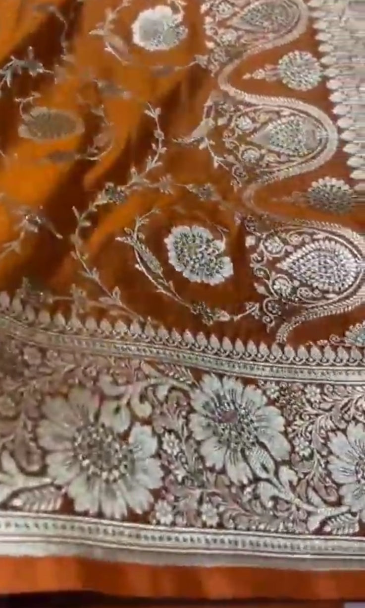 Orange Banarasi Satin Katan Silk Swarovski Jangla Saree