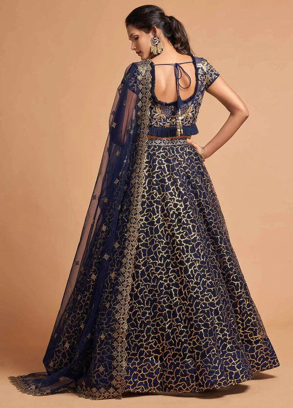 Navy Blue Soft Net Lehenga with Zari & Thread Work