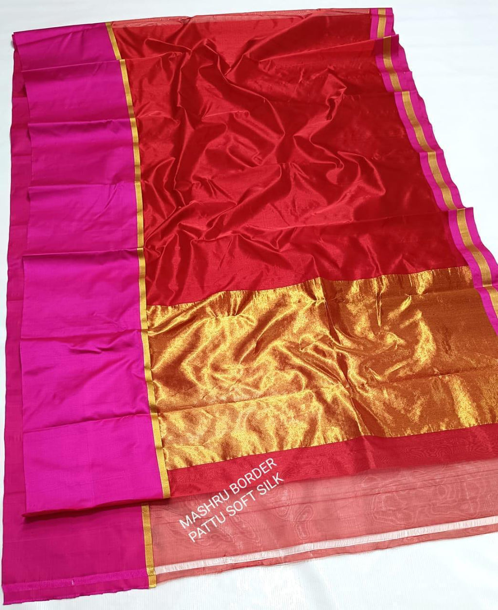 Red Chanderi Handloom Pattu Silk Mashru Borders Saree