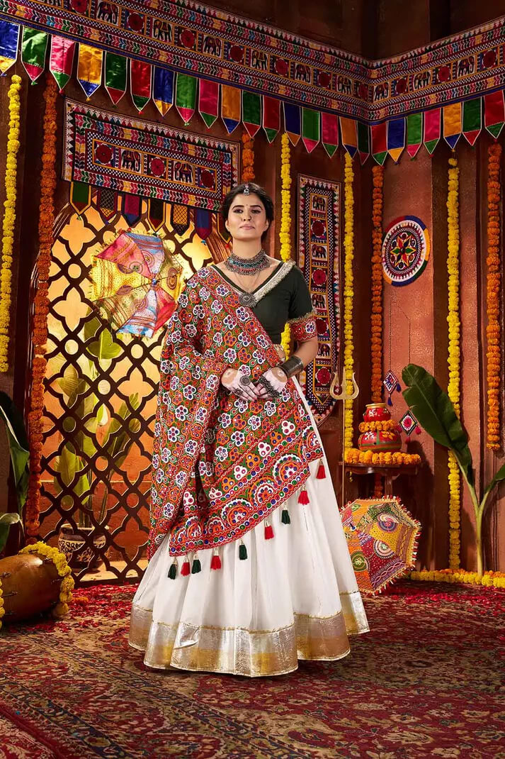 Off White Embroidered Navratri Lehenga with Mirror Dupatta