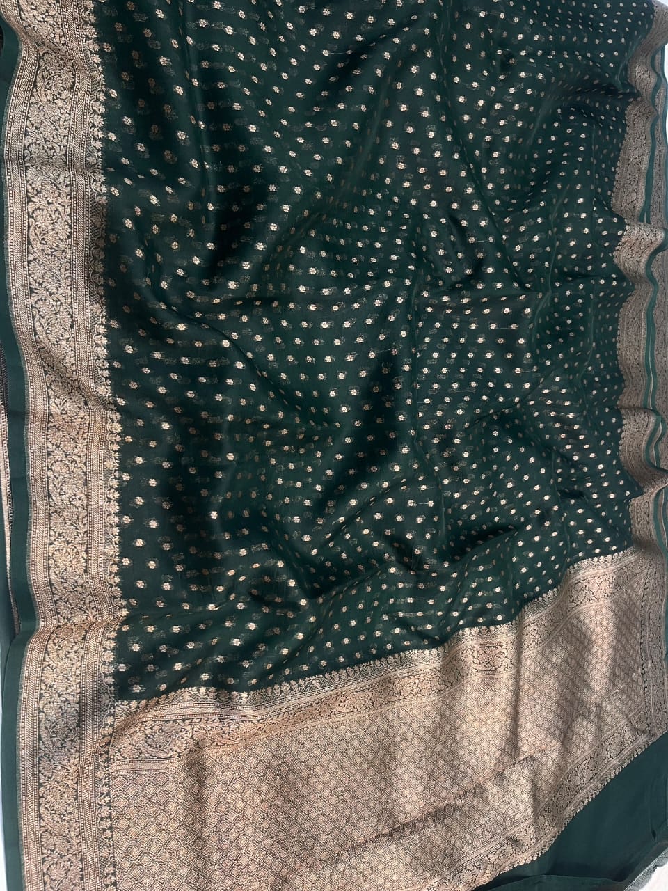 Dark Green Banarasi Handloom Kora Organza Silk Saree