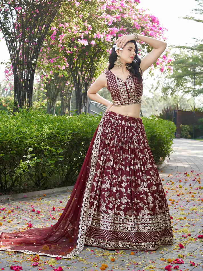 Maroon Jacquard Lehenga with Zari & Sequins Work