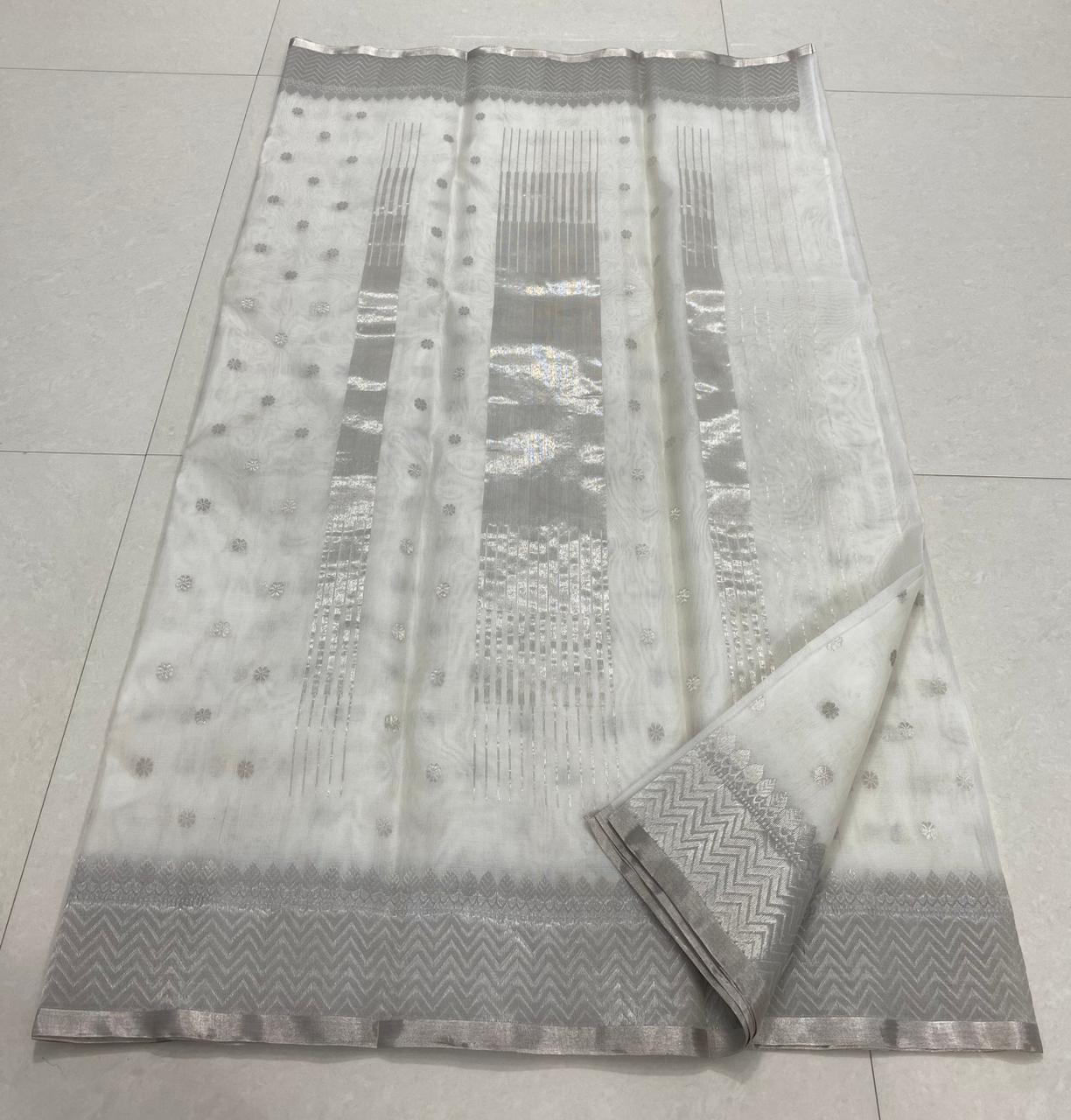 Pearl White Chanderi Handloom Katan Silk Saree