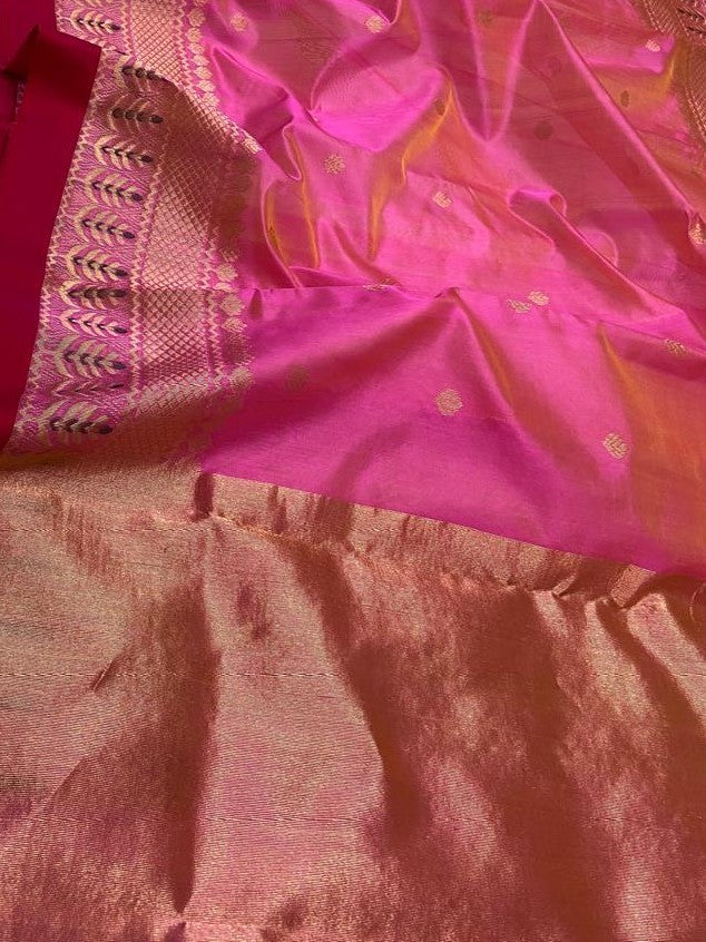 Hot Pink Chanderi Handloom Pure Pattu Silk Meenakari Saree