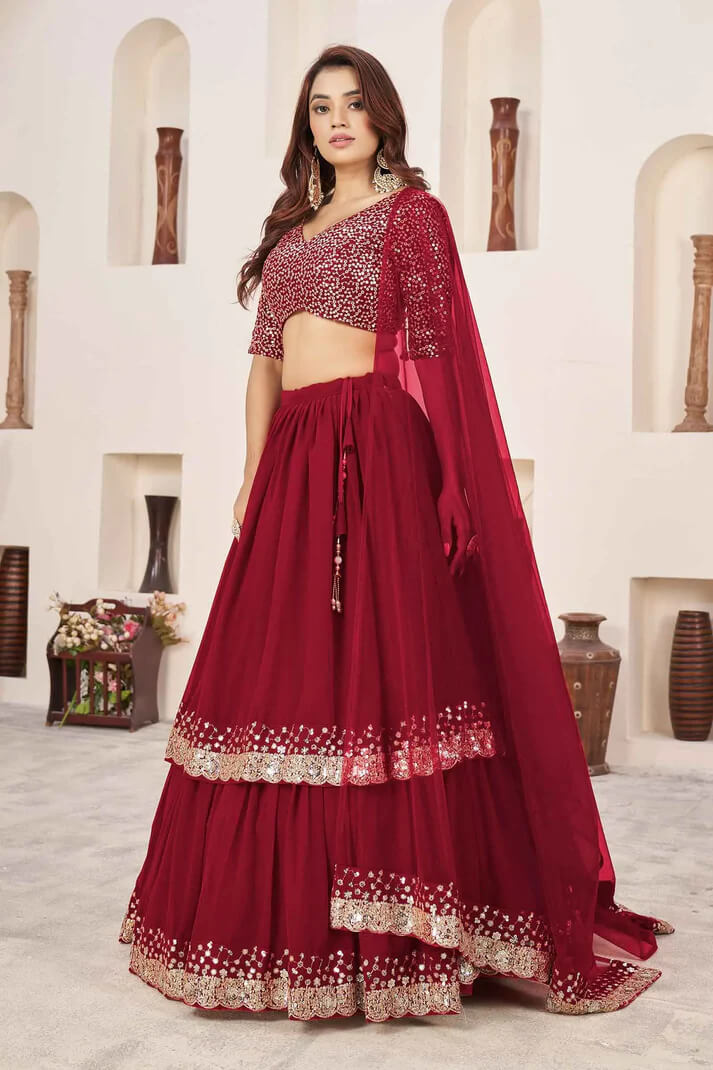 Red Designer Georgette Lehenga with Sequins & Zari