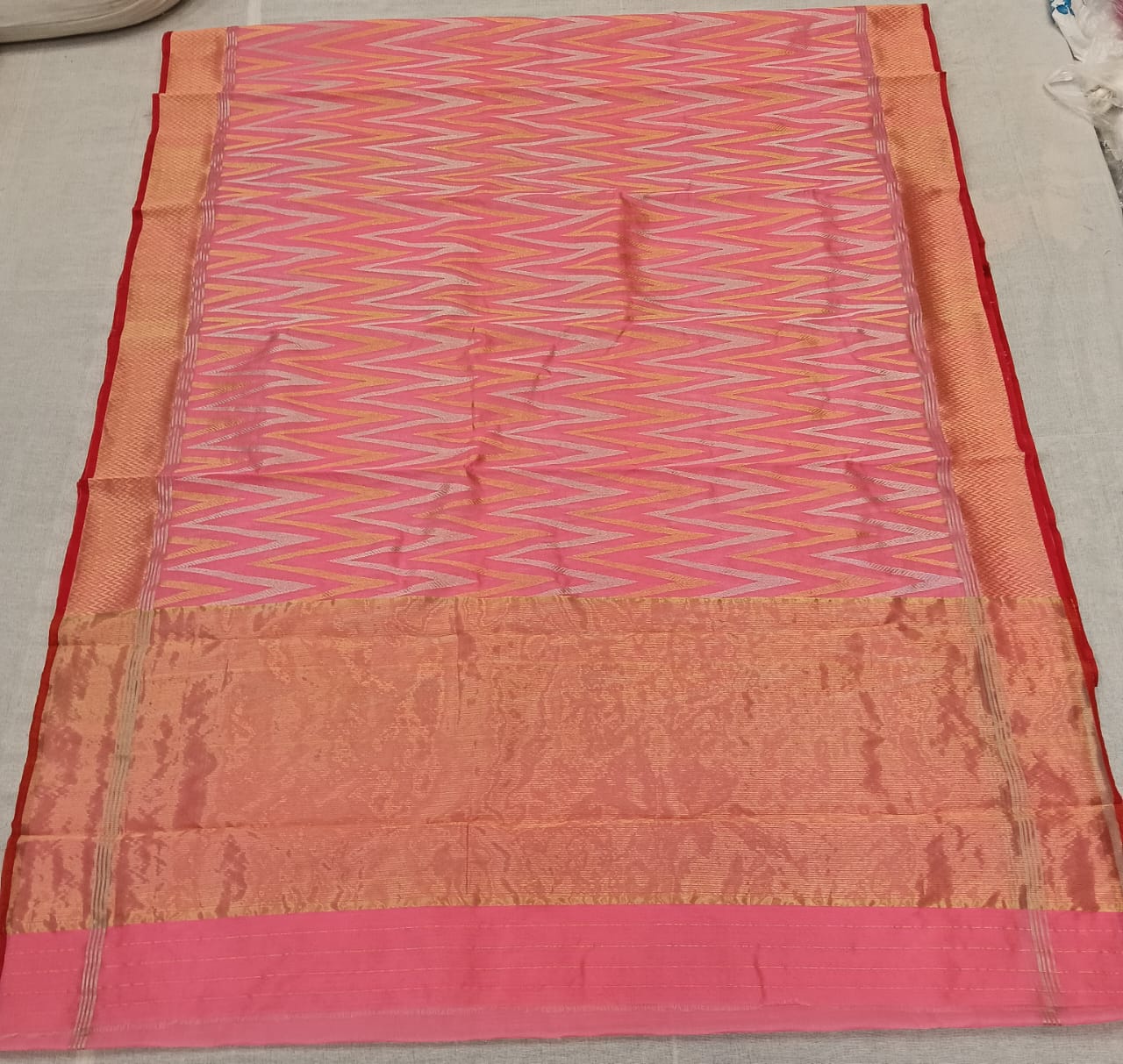 Peach Chanderi Handloom Pattu Silk Handwork Saree