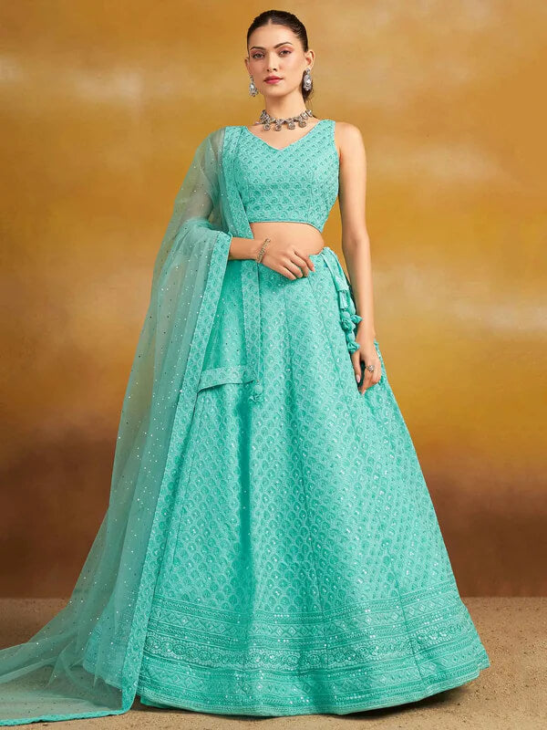 Sky Blue Designer Lehenga with Sequins & Dupatta