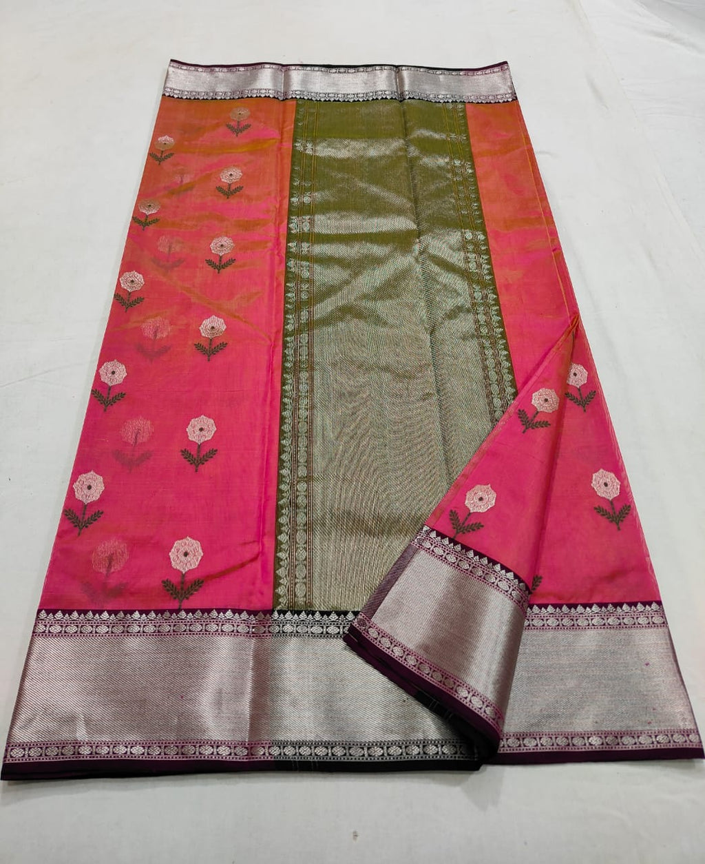 Hot Pink Chanderi Handloom Pattu Silk Meenakari Saree