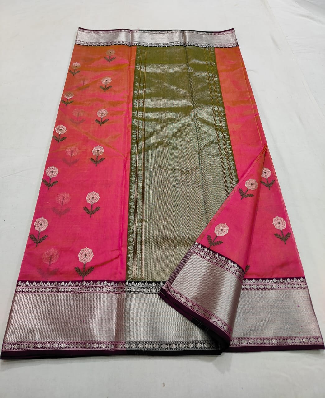 Hot Pink Chanderi Handloom Pattu Silk Meenakari Saree