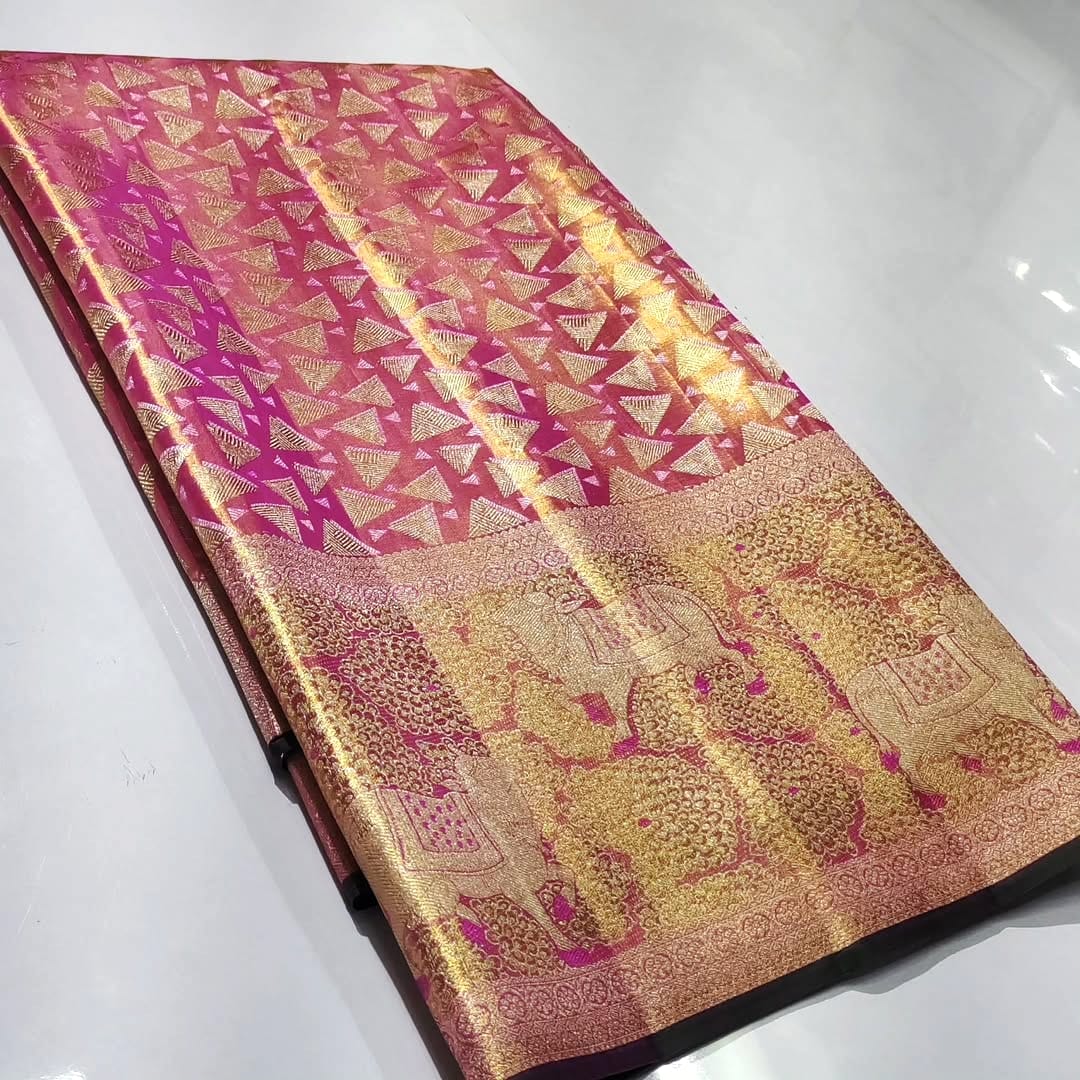 Hot Pink Kanchipuram Handloom Tissue Brocade Silk Saree