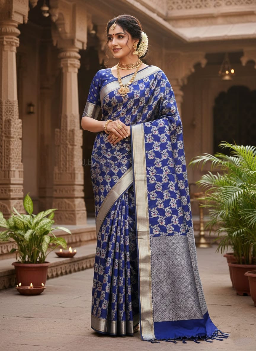 Mørkeblå Chanderi Håndvævet Pattu Silk Meenakari Saree