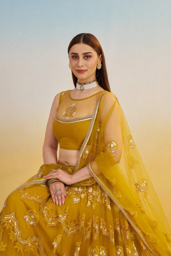 Festive Yellow Net Lehenga Choli with Thread Detailing